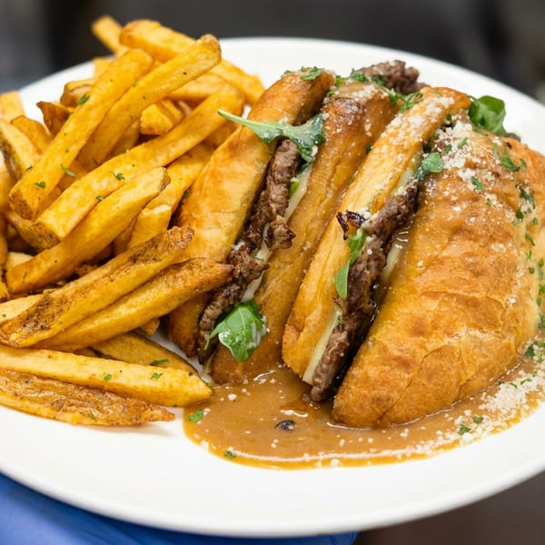 Golden fries and a gravy-covered, meat-filled sandwich garnished with herbs and grated cheese on a white plate.