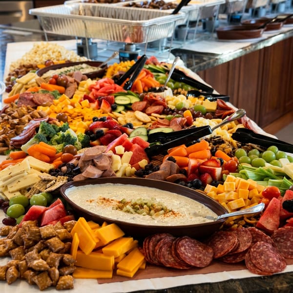 Abundant buffet spread featuring hummus, cheeses, cured meats, fresh fruit, vegetables, crackers, and serving utensils.