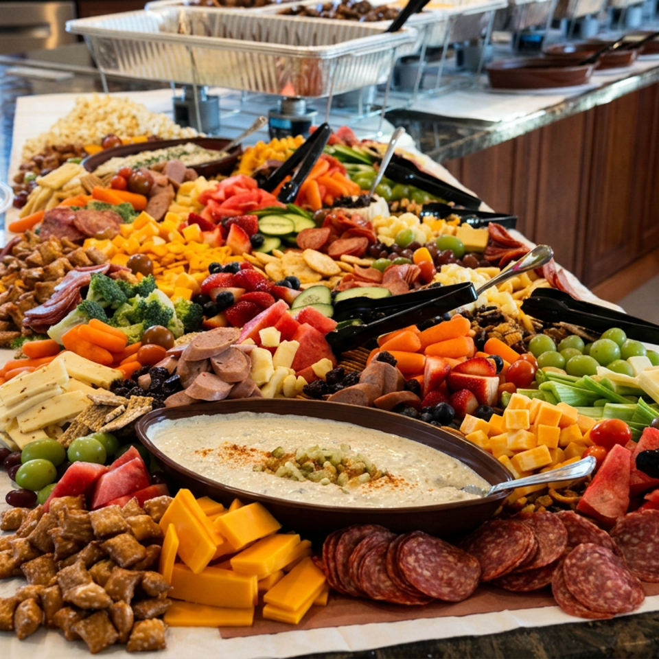Abundant buffet platter with hummus, cheeses, cured meats, fruits, vegetables, and crackers on a restaurant counter.